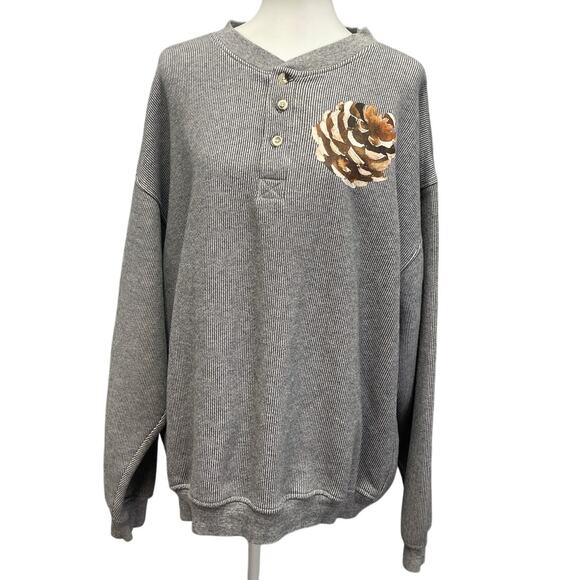 Hand Printed Upcycled Mens XL Woody Pine Cone Long Sleeve Waffled Henley Shirt - Picture 1 of 4